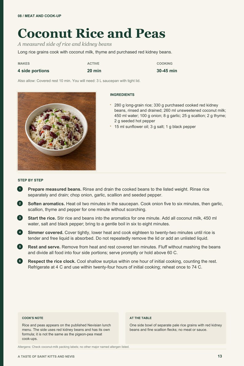 Actual PDF page 13 from A Taste of Saint Kitts and Nevis: Coconut Rice and Peas recipe page.