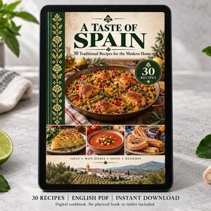 Digital cookbook mockup displaying the actual A Taste of Spain cover. English PDF download only; no tablet or physical book included.