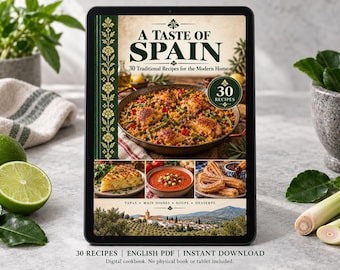 May include: A digital cookbook titled A Taste of Spain featuring 30 traditional recipes for the modern home. The cover displays a paella, tortilla, soup, and churros, with a landscape of olive groves and the text 30 Recipes.