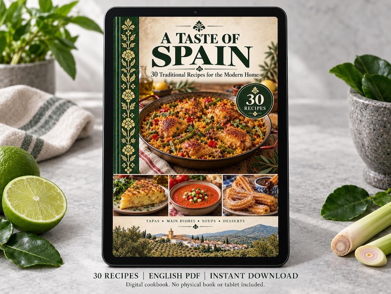 Digital cookbook mockup displaying the actual A Taste of Spain cover. English PDF download only; no tablet or physical book included.