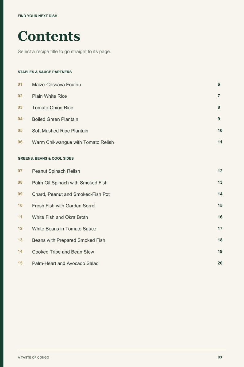 Actual PDF page 3 from A Taste of Congo: Contents, page 1.