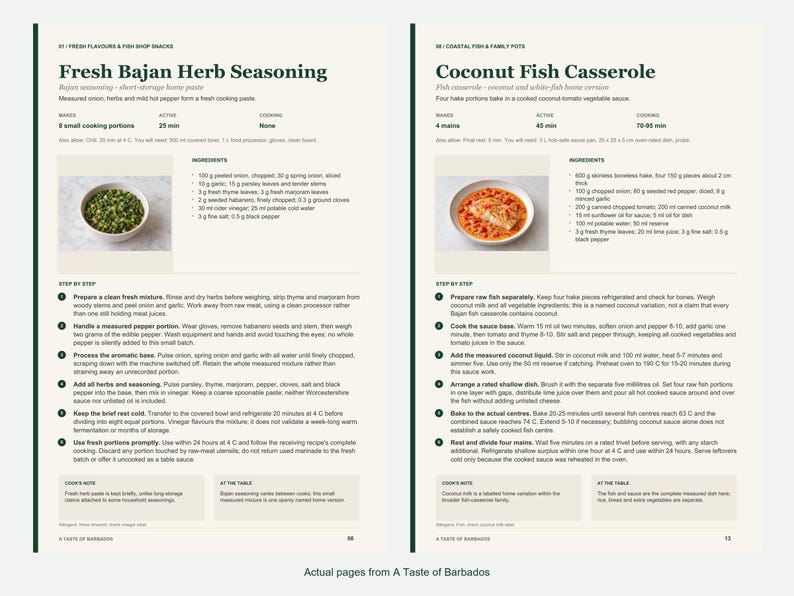 Two actual recipe pages from A Taste of Barbados.