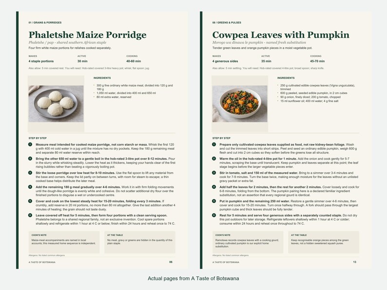 Two actual recipe pages from A Taste of Botswana.