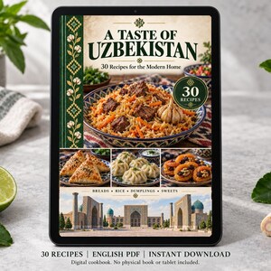 Digital cookbook mockup displaying the actual A Taste of Uzbekistan cover. English PDF download only; no tablet or physical book included.