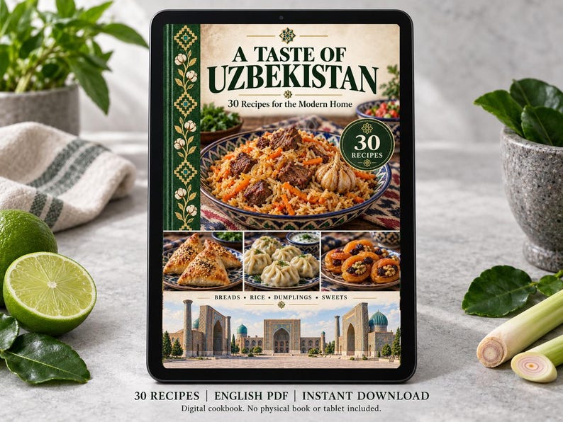 Digital cookbook mockup displaying the actual A Taste of Uzbekistan cover. English PDF download only; no tablet or physical book included.