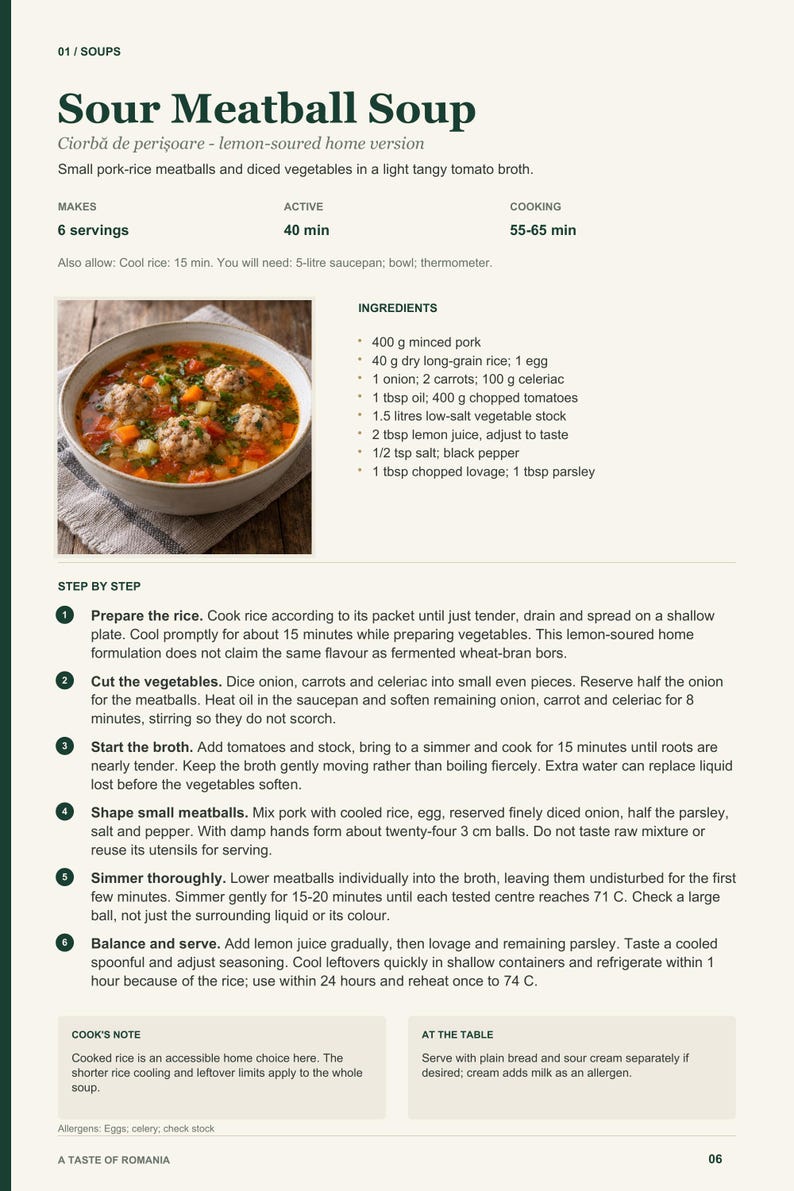 Actual PDF page 6 from A Taste of Romania: Sour Meatball Soup recipe page.