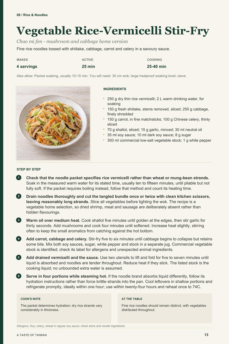 Actual PDF page 13 from A Taste of Taiwan: Vegetable Rice-Vermicelli Stir-Fry recipe page.