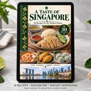 Digital cookbook mockup displaying the actual A Taste of Singapore cover. English PDF download only; no tablet or physical book included.