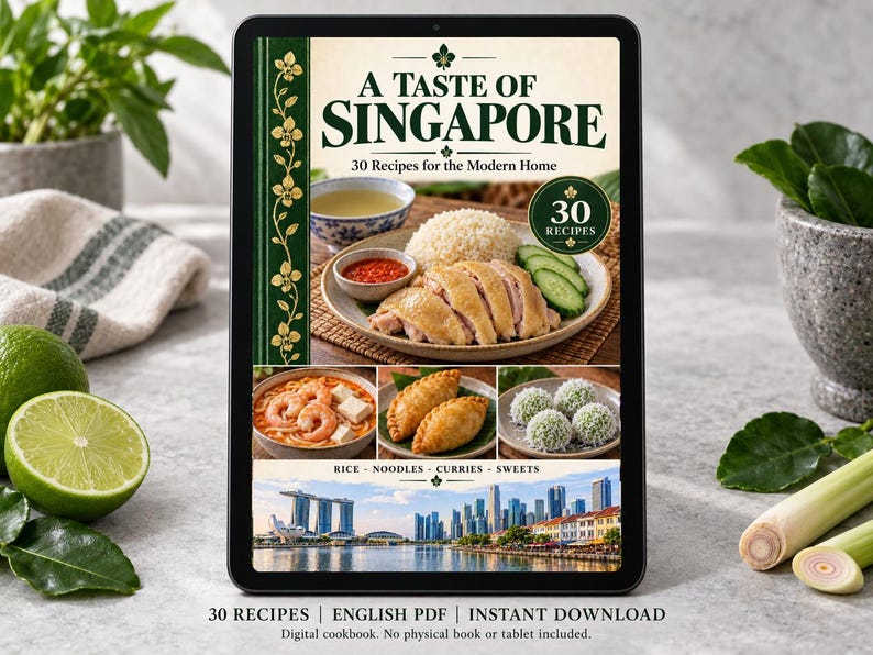 Digital cookbook mockup displaying the actual A Taste of Singapore cover. English PDF download only; no tablet or physical book included.
