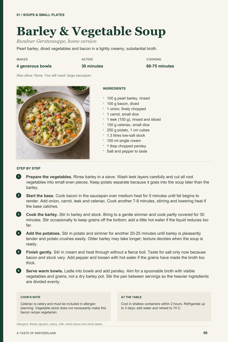 Actual PDF page 6 from A Taste of Switzerland: Barley & Vegetable Soup recipe page.