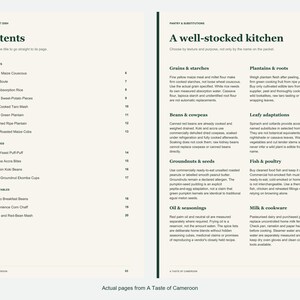 Actual contents and kitchen-notes pages from A Taste of Cameroon.