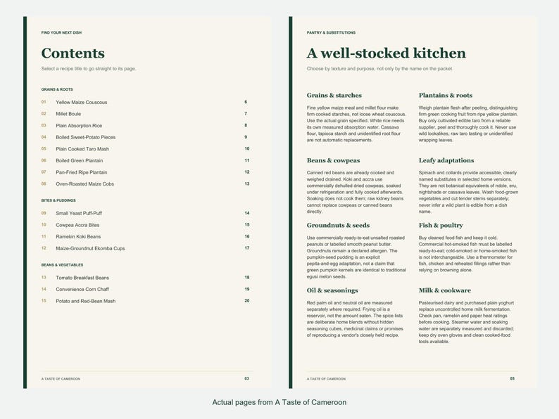 Actual contents and kitchen-notes pages from A Taste of Cameroon.