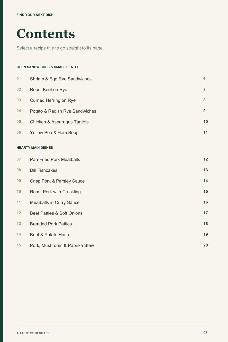Actual PDF page 3 from A Taste of Denmark: Contents, page 1.