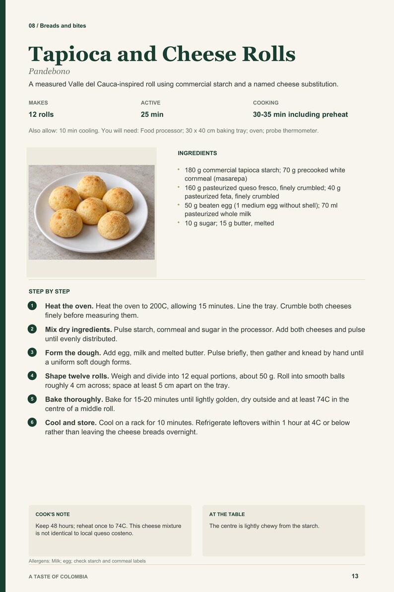 Actual PDF page 13 from A Taste of Colombia: Tapioca and Cheese Rolls recipe page.