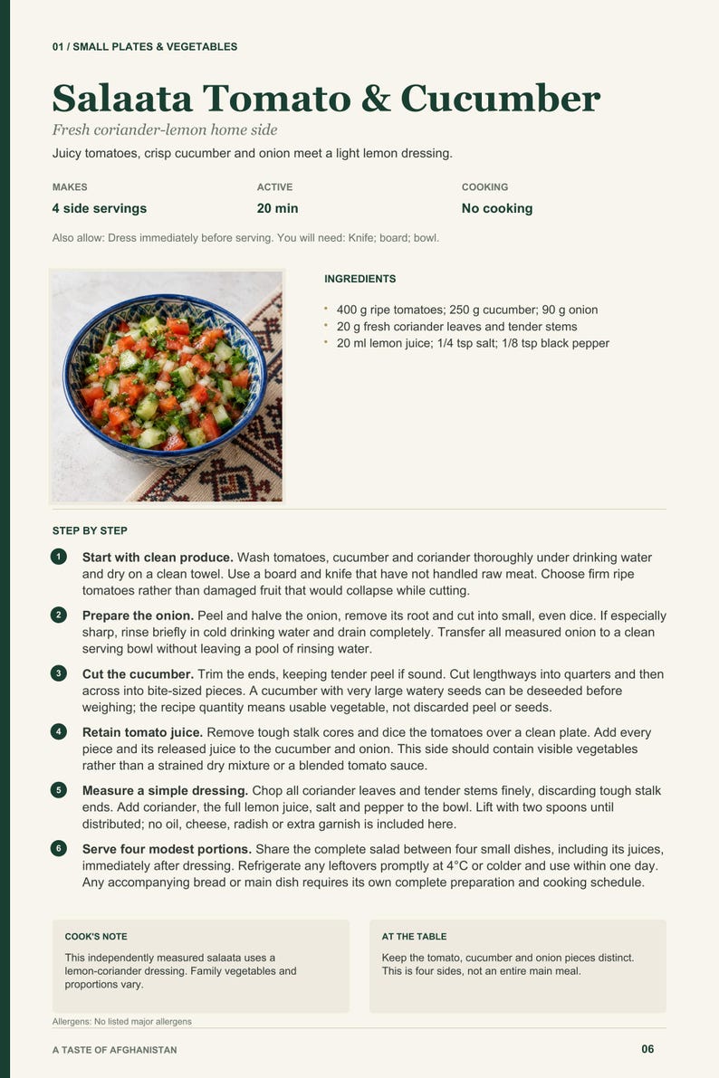 Actual PDF page 6 from A Taste of Afghanistan: Salaata Tomato & Cucumber recipe page.
