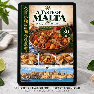 Digital cookbook mockup displaying the actual A Taste of Malta cover. English PDF download only; no tablet or physical book included.
