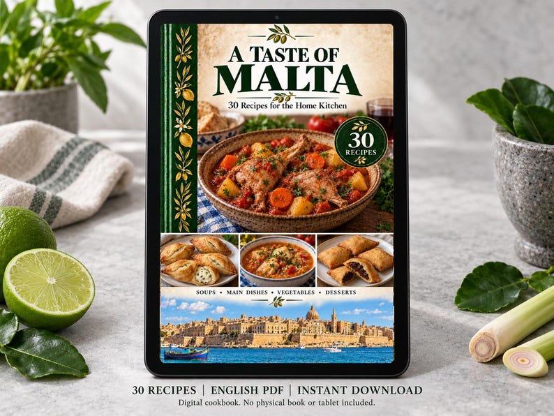 Digital cookbook mockup displaying the actual A Taste of Malta cover. English PDF download only; no tablet or physical book included.