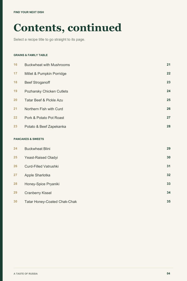 Actual PDF page 4 from A Taste of Russia: Contents, page 2.