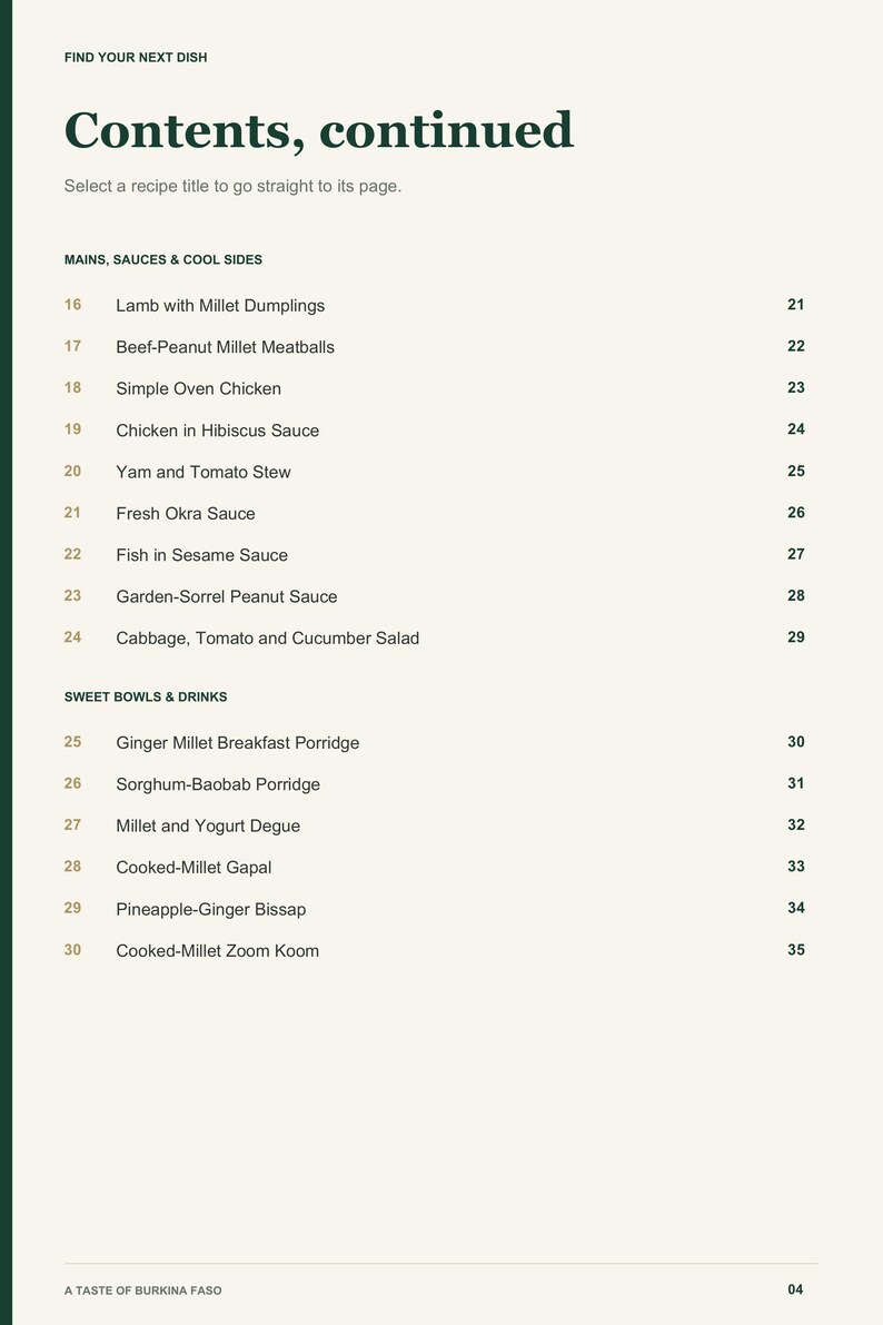 Actual PDF page 4 from A Taste of Burkina Faso: Contents, page 2.