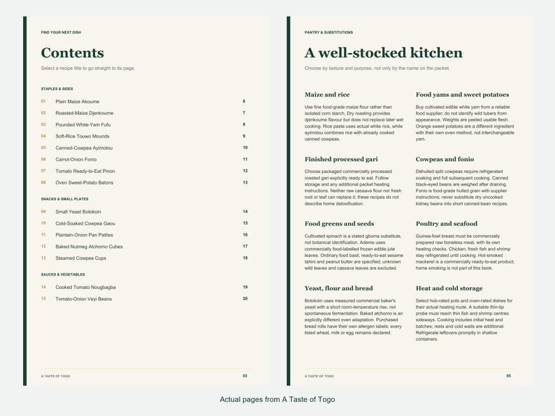 Actual contents and kitchen-notes pages from A Taste of Togo.
