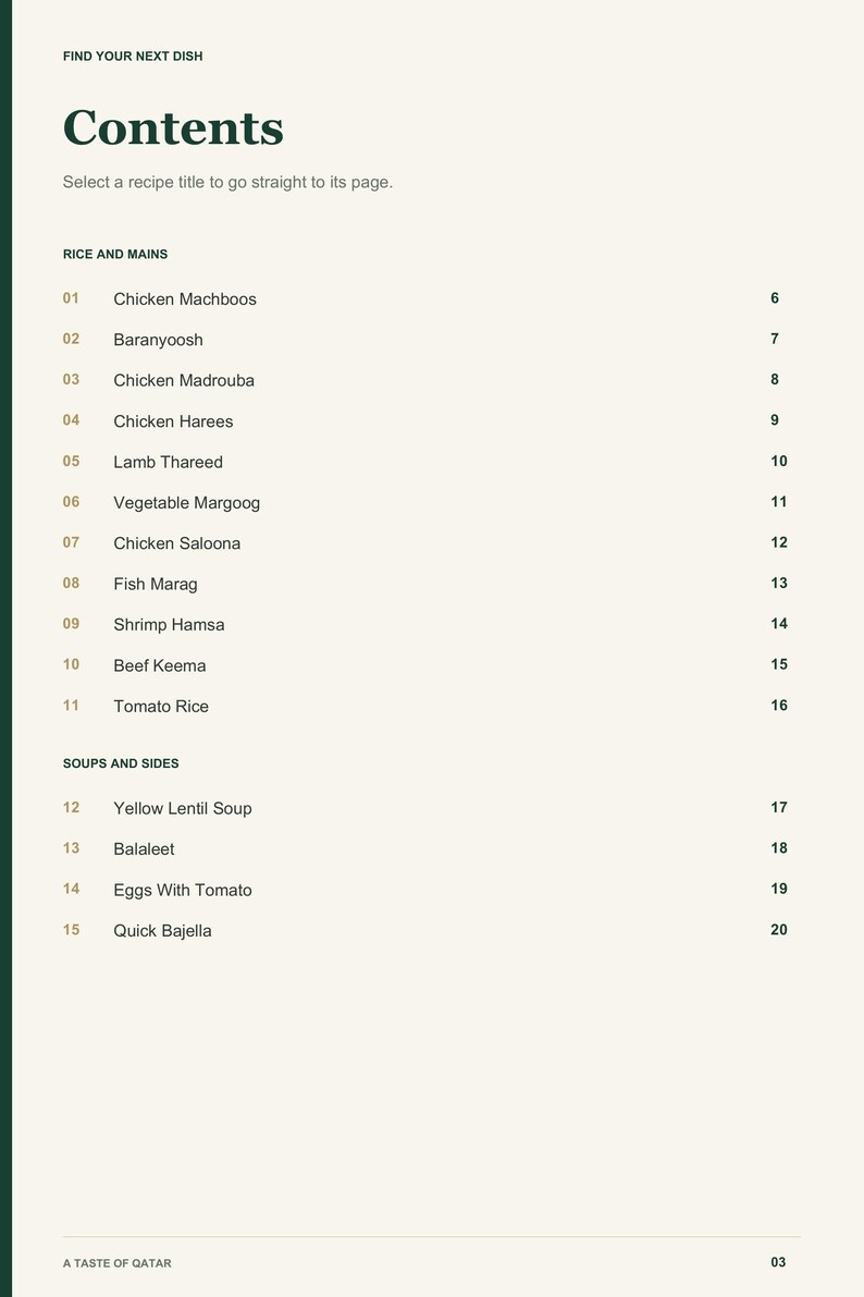 Actual PDF page 3 from A Taste of Qatar: Contents, page 1.
