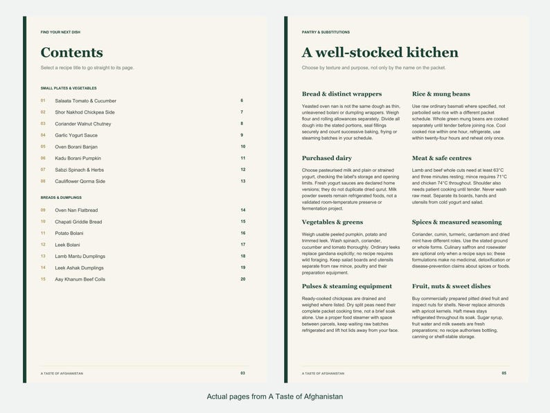Actual contents and kitchen-notes pages from A Taste of Afghanistan.