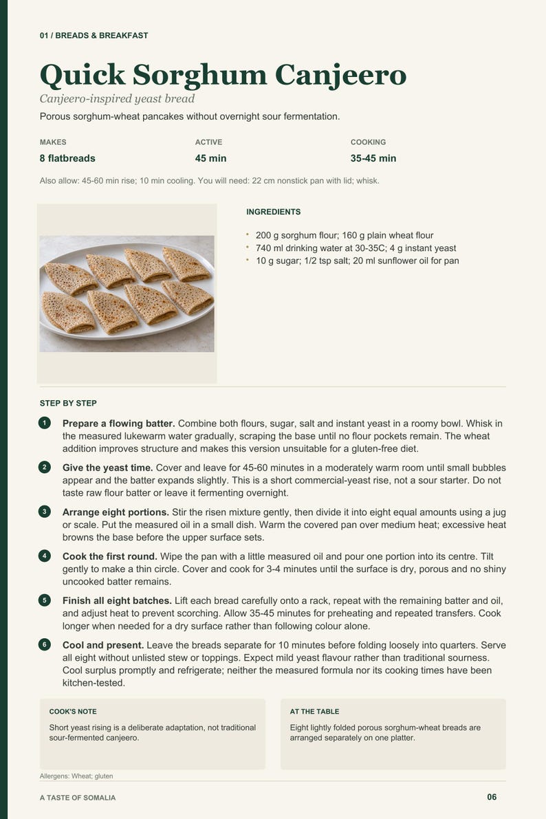 Actual PDF page 6 from A Taste of Somalia: Quick Sorghum Canjeero recipe page.