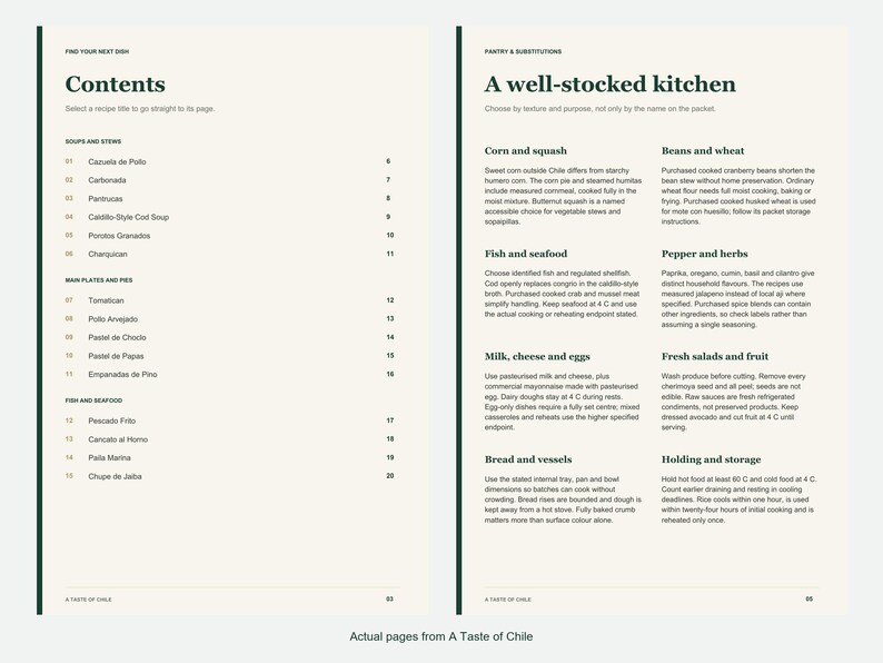 Actual contents and kitchen-notes pages from A Taste of Chile.