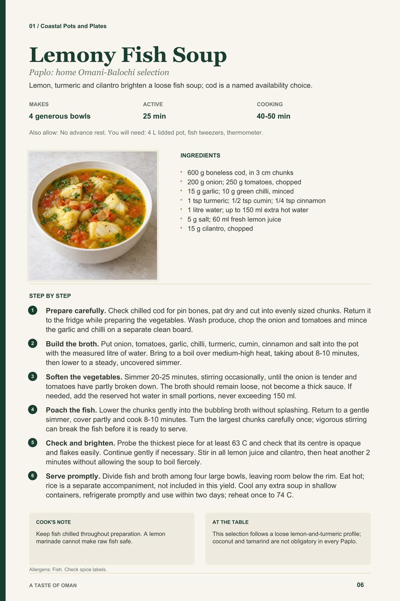 Actual PDF page 6 from A Taste of Oman: Lemony Fish Soup recipe page.
