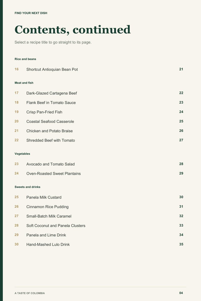 Actual PDF page 4 from A Taste of Colombia: Contents, page 2.