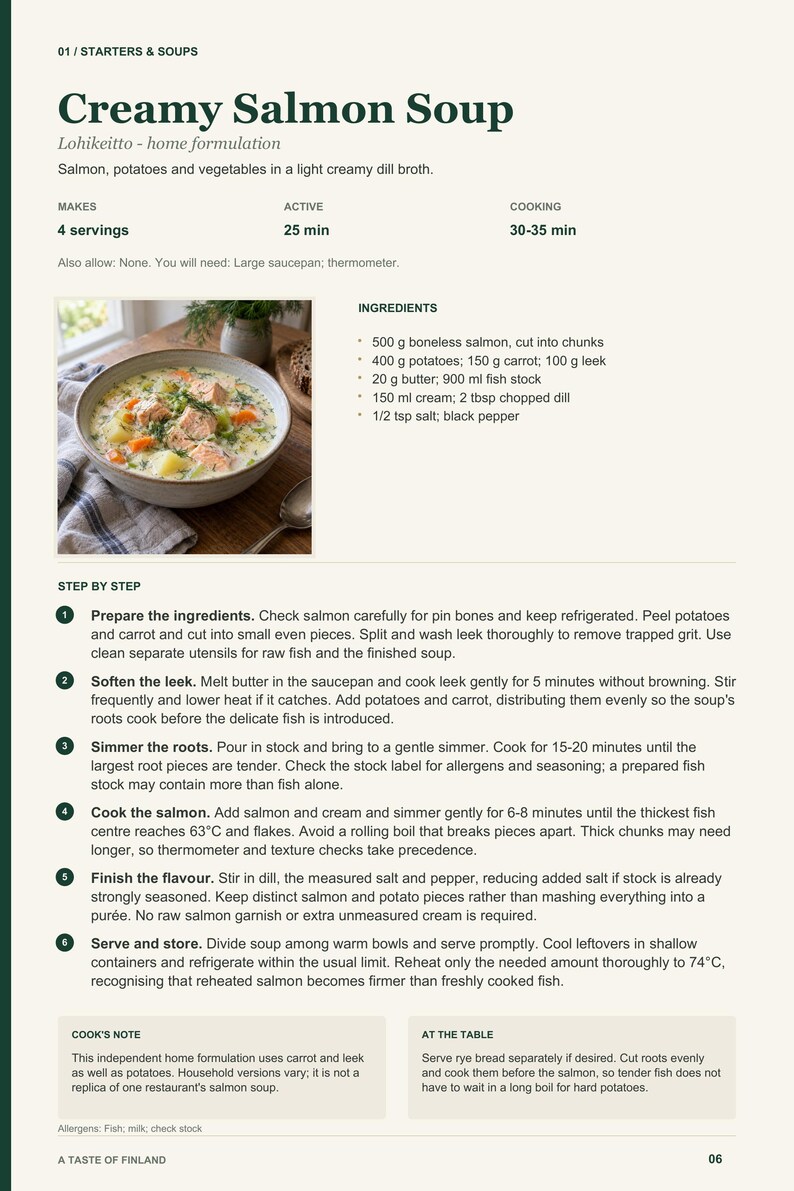 Actual PDF page 6 from A Taste of Finland: Creamy Salmon Soup recipe page.