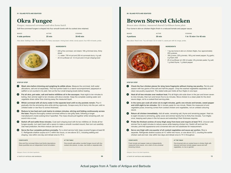 Two actual recipe pages from A Taste of Antigua and Barbuda.