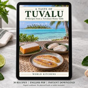 Digital cookbook mockup displaying the actual A Taste of Tuvalu cover. English PDF download only; no tablet or physical book included.