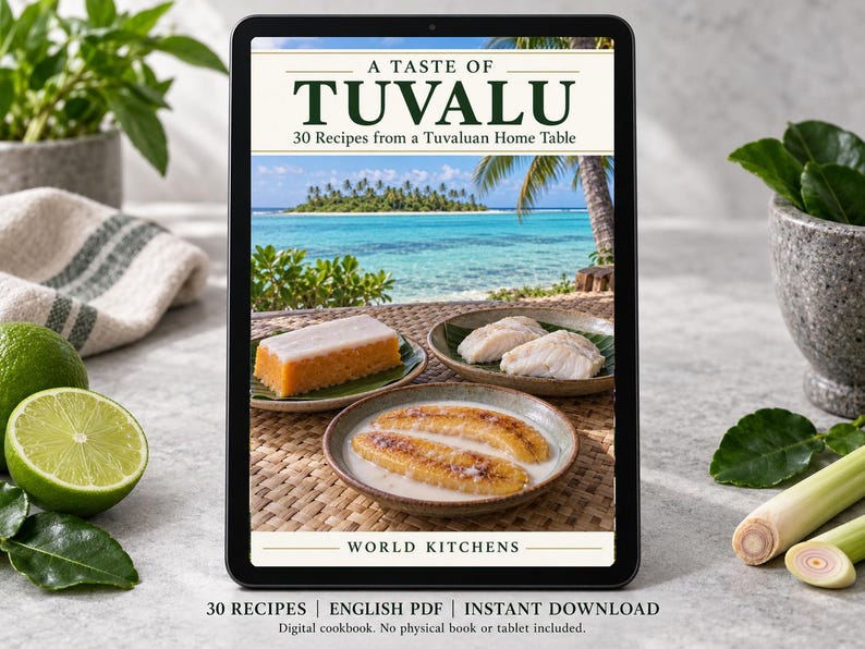 Digital cookbook mockup displaying the actual A Taste of Tuvalu cover. English PDF download only; no tablet or physical book included.