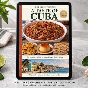 Digital cookbook mockup displaying the actual A Taste of Cuba cover. English PDF download only; no tablet or physical book included.