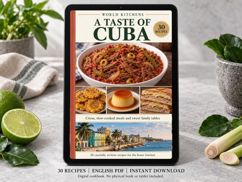Digital cookbook mockup displaying the actual A Taste of Cuba cover. English PDF download only; no tablet or physical book included.