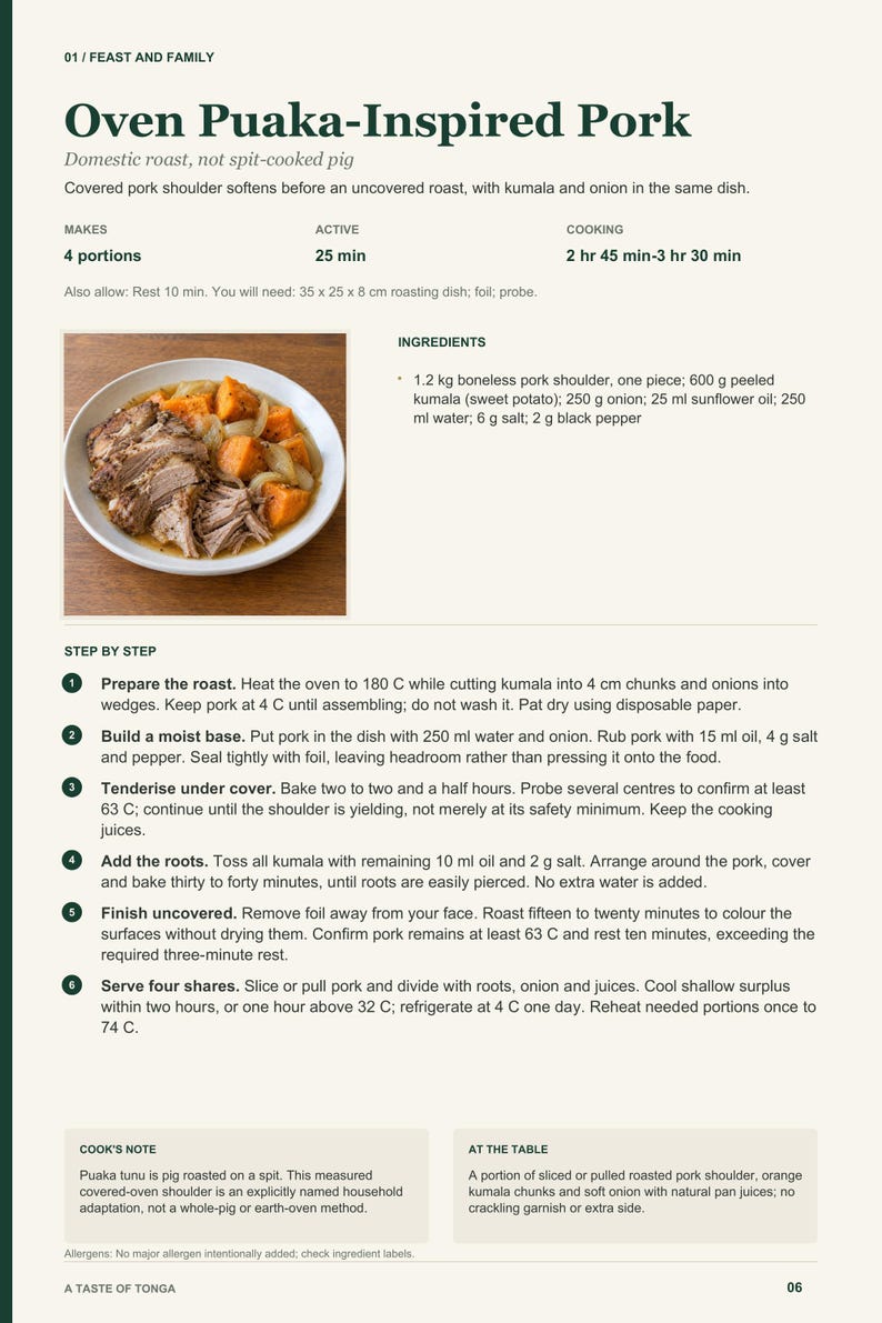 Actual PDF page 6 from A Taste of Tonga: Oven Puaka-Inspired Pork recipe page.