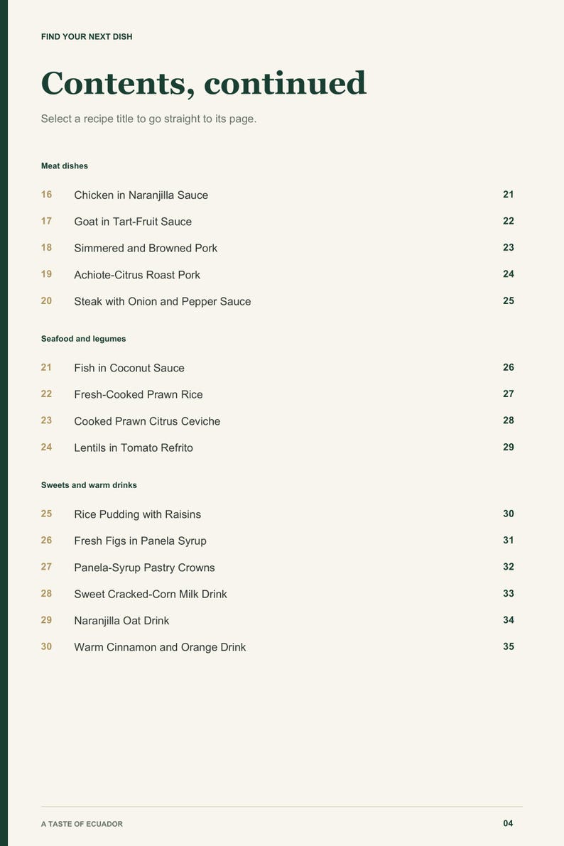 Actual PDF page 4 from A Taste of Ecuador: Contents, page 2.