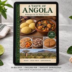 Digital cookbook mockup displaying the actual A Taste of Angola cover. English PDF download only; no tablet or physical book included.