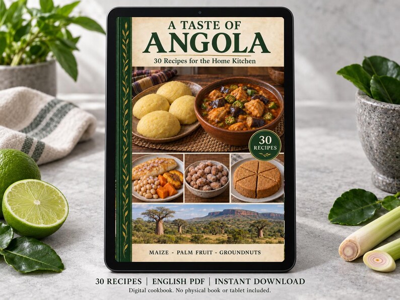 Digital cookbook mockup displaying the actual A Taste of Angola cover. English PDF download only; no tablet or physical book included.