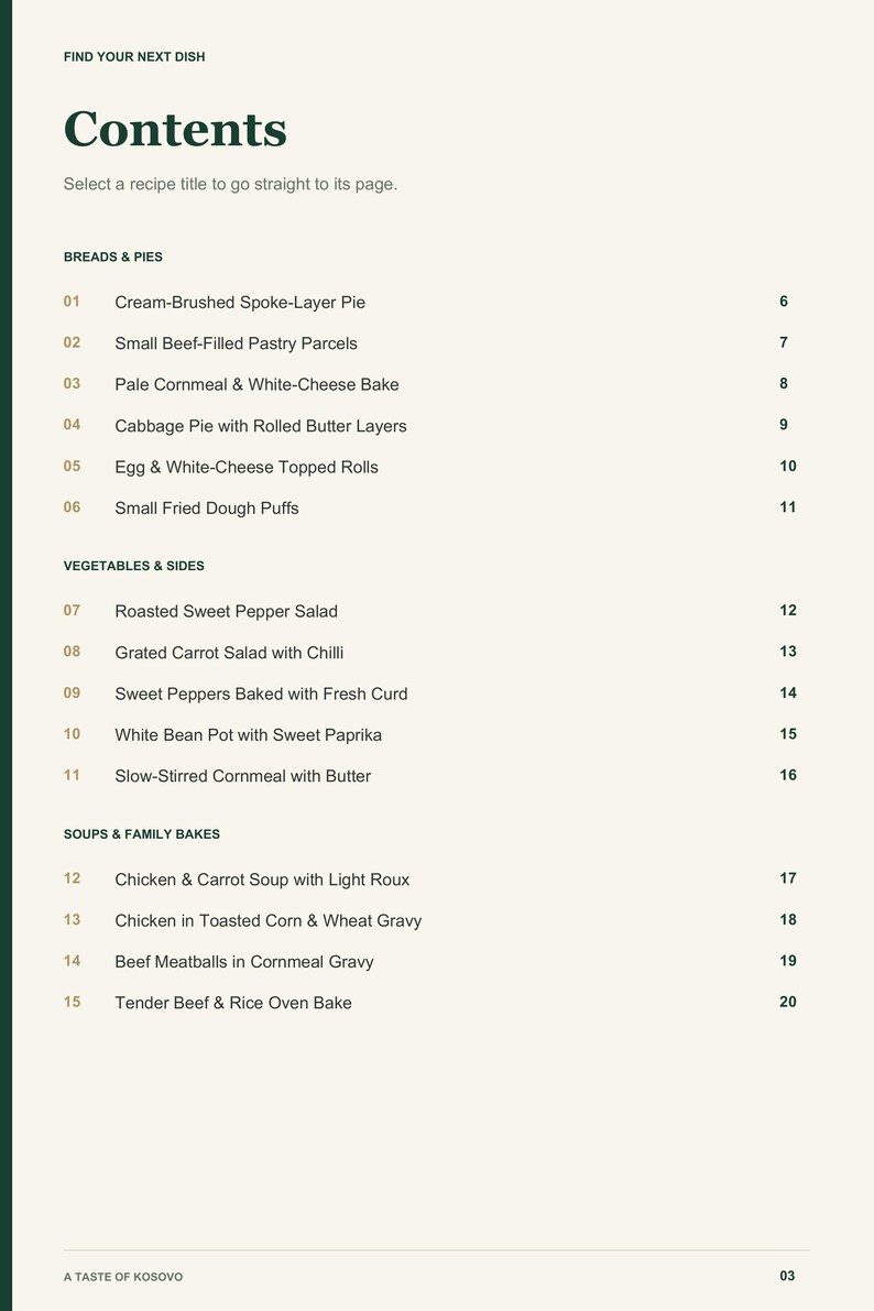 Actual PDF page 3 from A Taste of Kosovo: Contents, page 1.