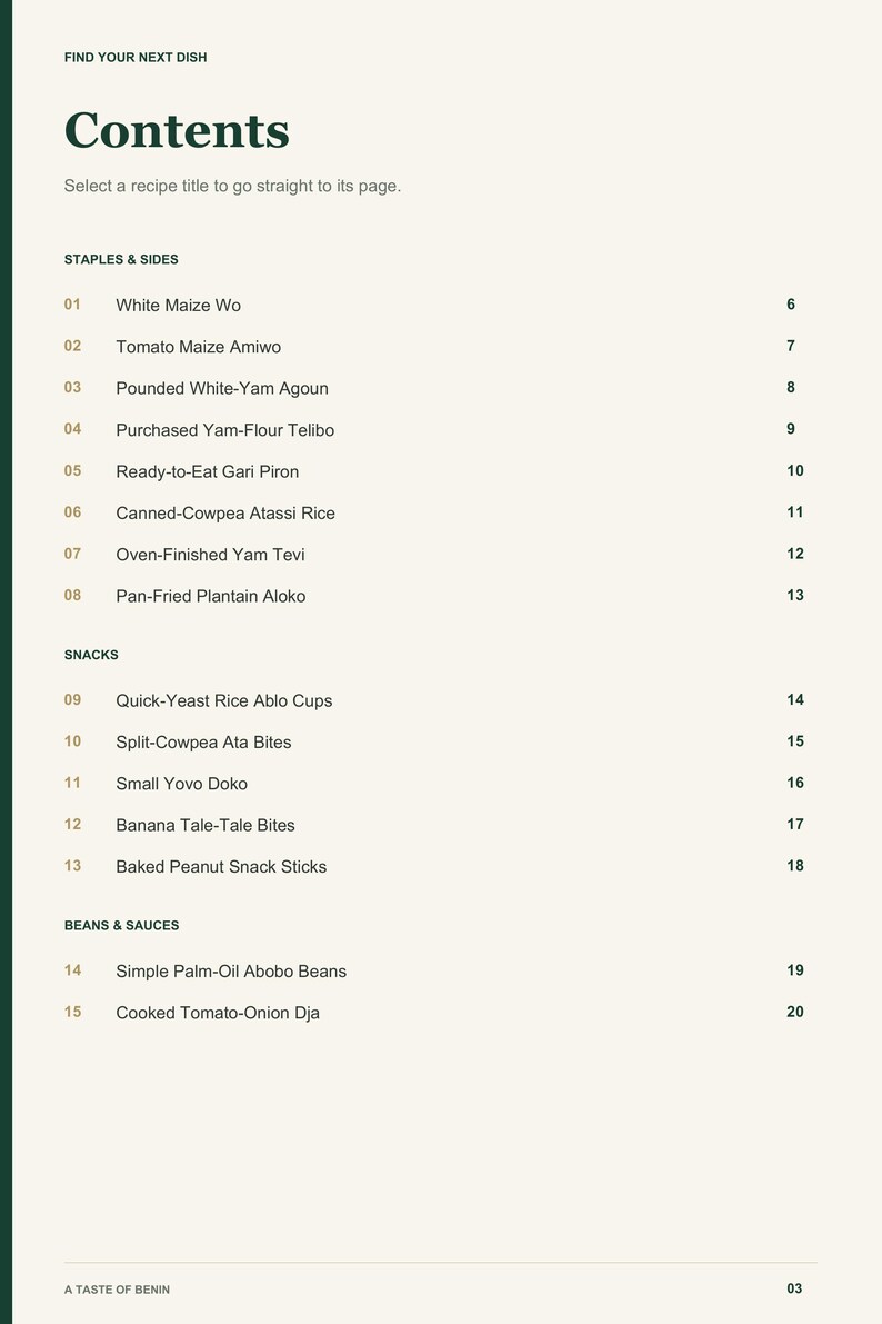 Actual PDF page 3 from A Taste of Benin: Contents, page 1.