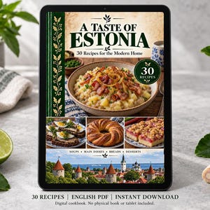 Digital cookbook mockup displaying the actual A Taste of Estonia cover. English PDF download only; no tablet or physical book included.