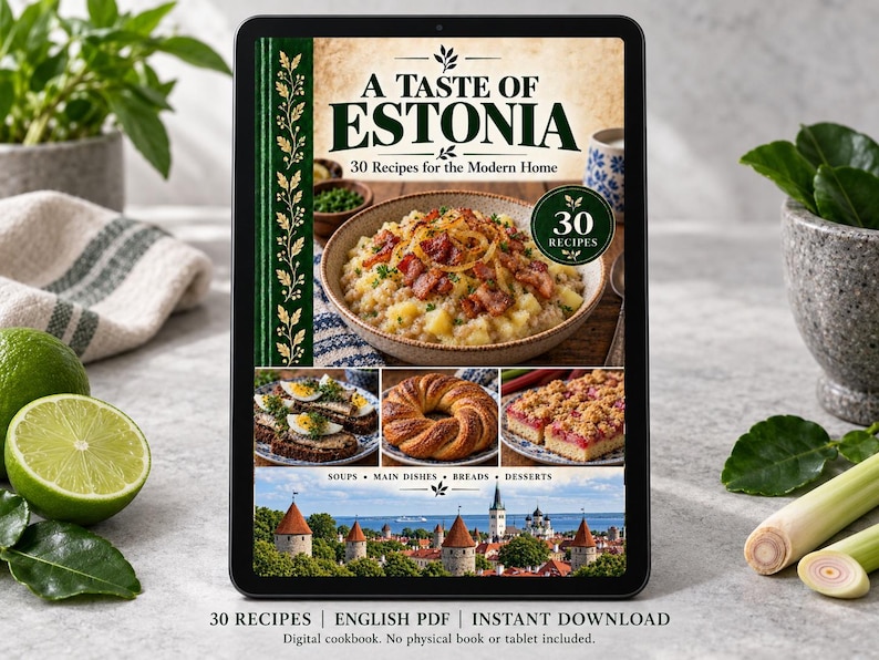 Digital cookbook mockup displaying the actual A Taste of Estonia cover. English PDF download only; no tablet or physical book included.