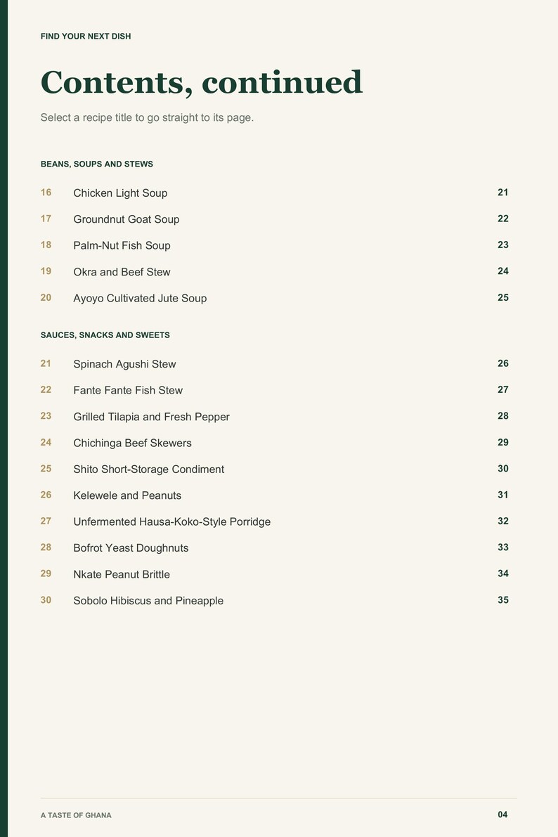 Actual PDF page 4 from A Taste of Ghana: Contents, page 2.