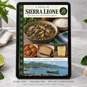 Digital cookbook mockup displaying the actual A Taste of Sierra Leone cover. English PDF download only; no tablet or physical book included.