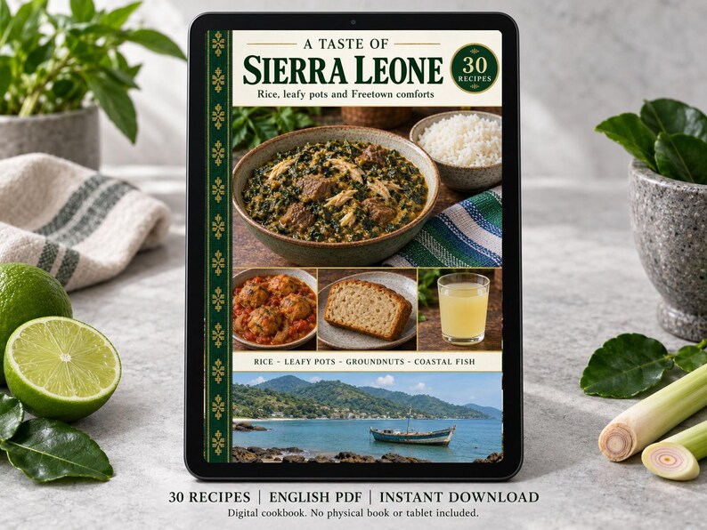 Digital cookbook mockup displaying the actual A Taste of Sierra Leone cover. English PDF download only; no tablet or physical book included.