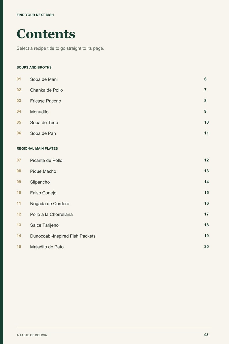 Actual PDF page 3 from A Taste of Bolivia: Contents, page 1.