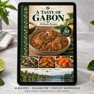 Digital cookbook mockup displaying the actual A Taste of Gabon cover. English PDF download only; no tablet or physical book included.