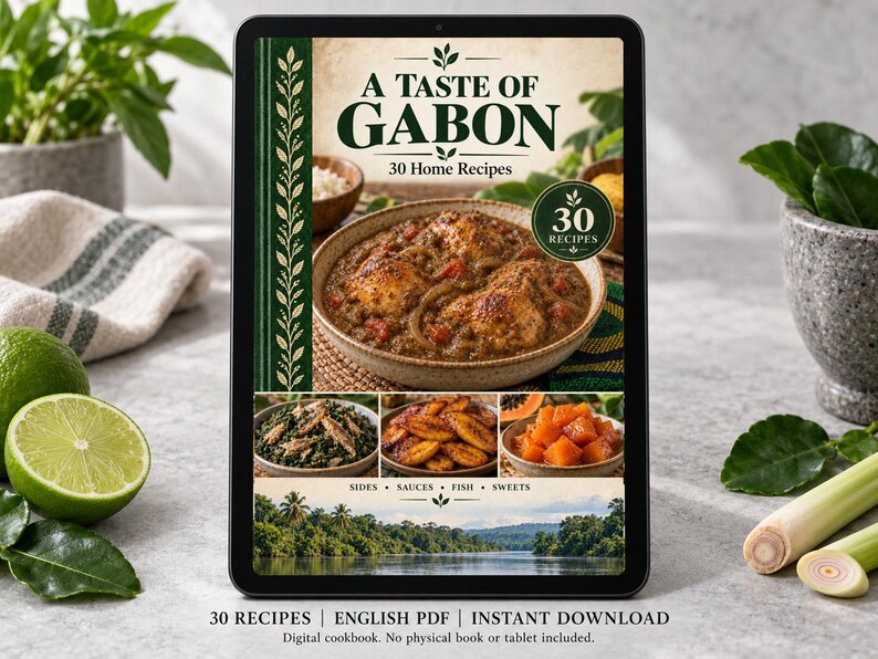 Digital cookbook mockup displaying the actual A Taste of Gabon cover. English PDF download only; no tablet or physical book included.